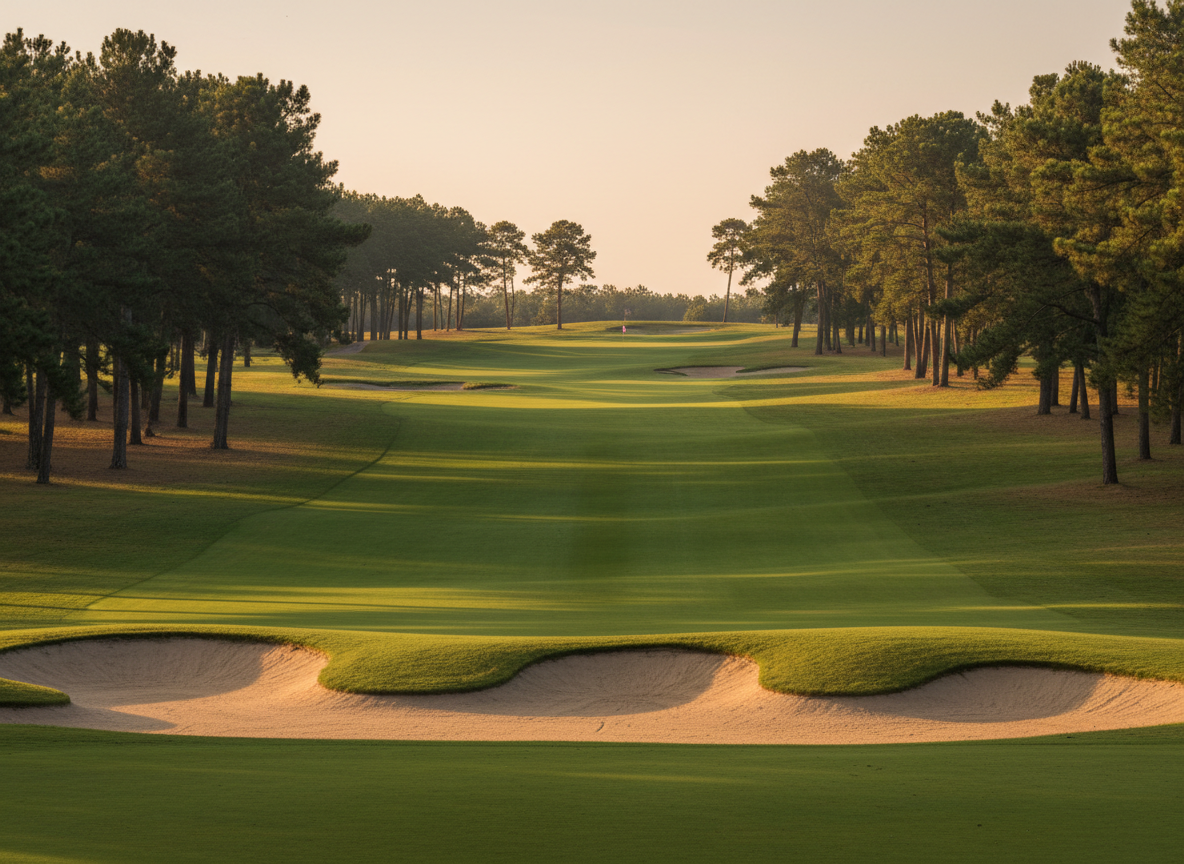 Sunlit golf course fairway lined with pine trees at golden hour