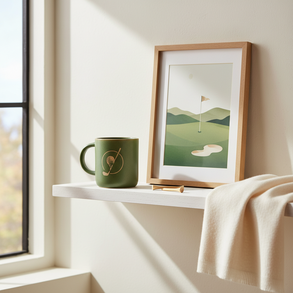 Golf accessories and home pieces styled on a warm cream shelf at sunset