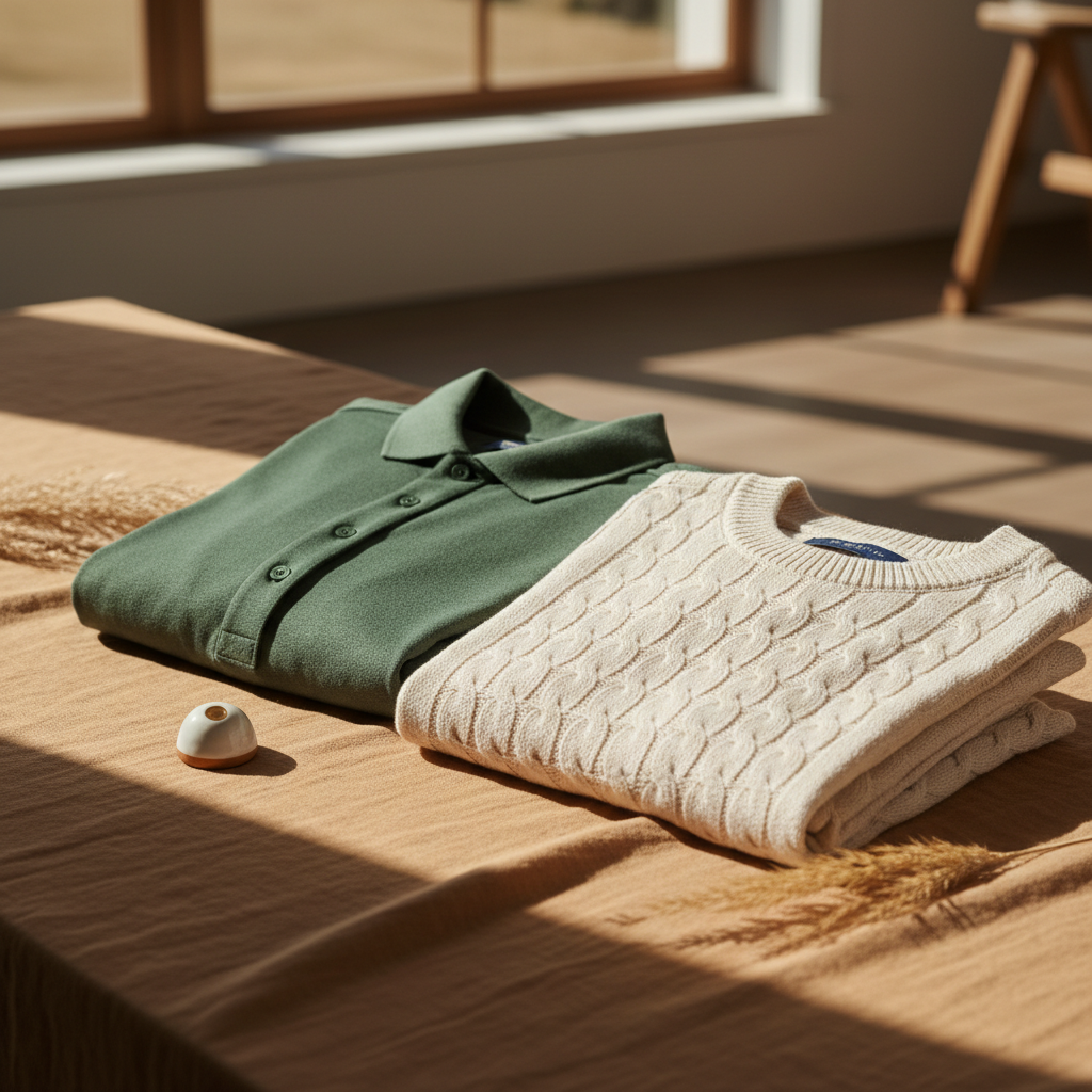 Folded pine green polos and knit layers in warm late-afternoon light