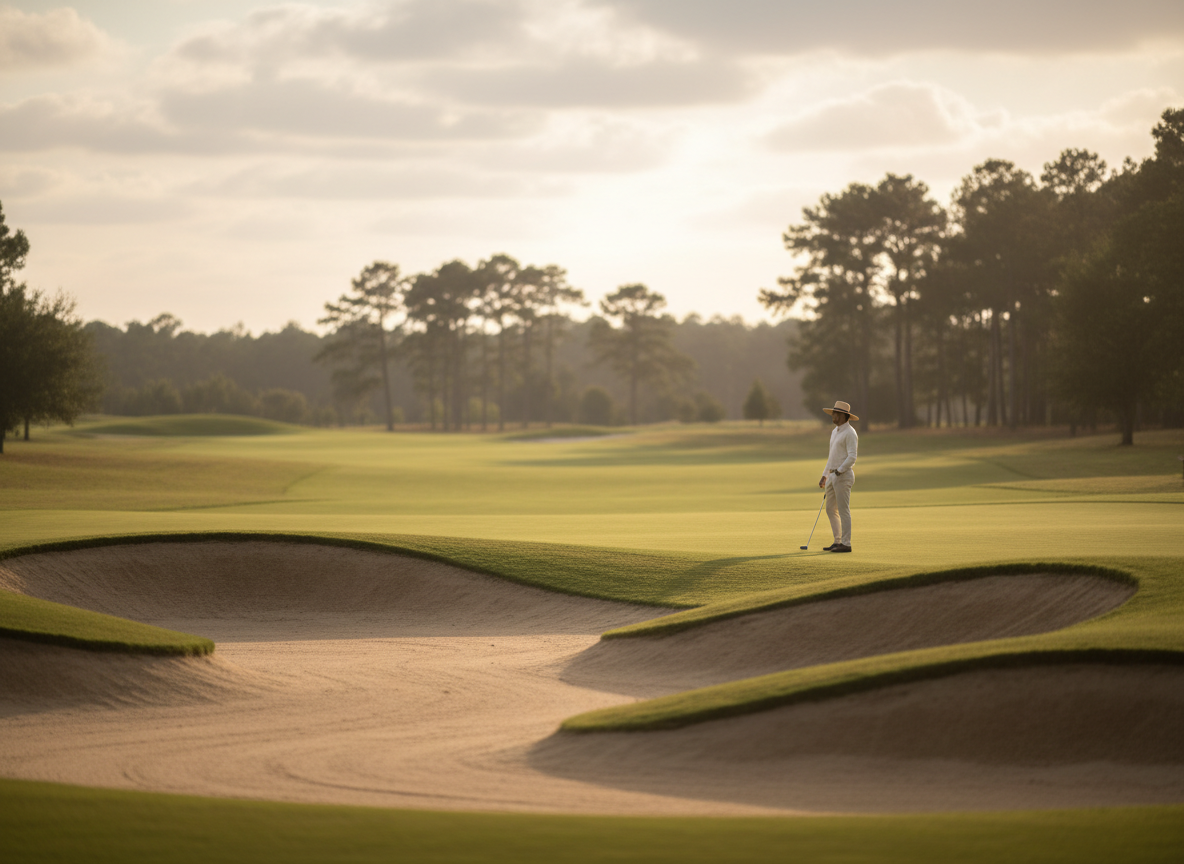 Golden-hour golf course with sunlit fairway and warm sky