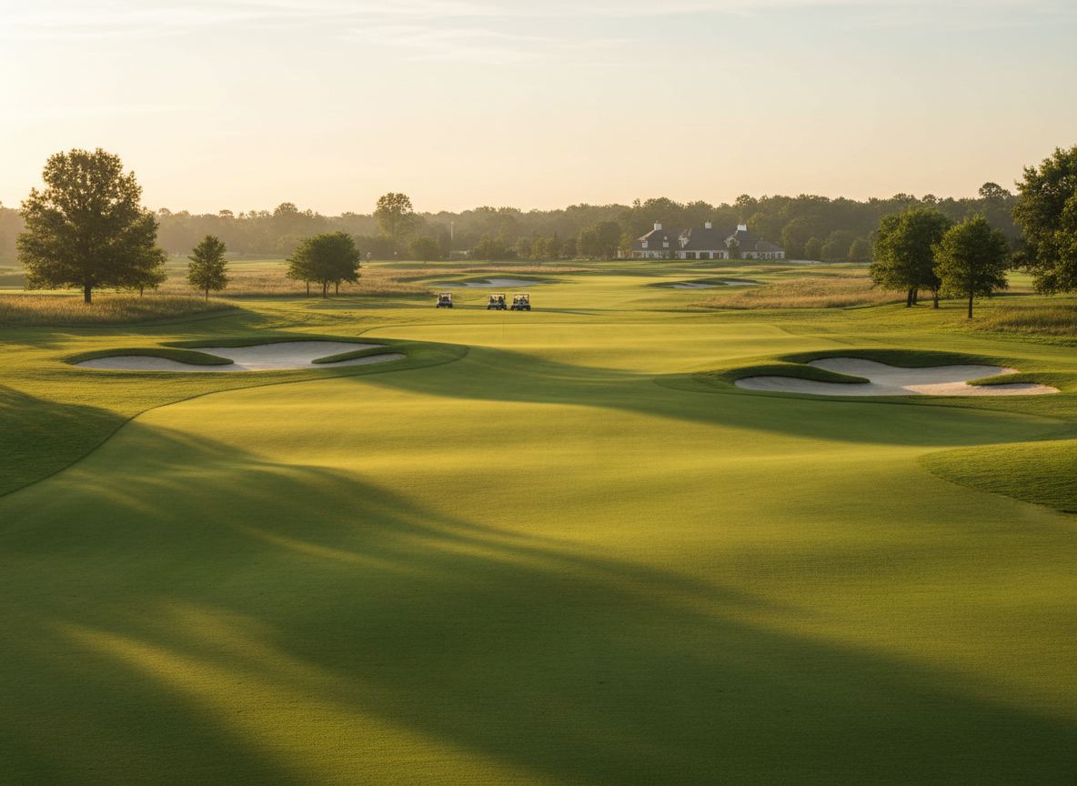 A lush green golf course fairway at golden hour