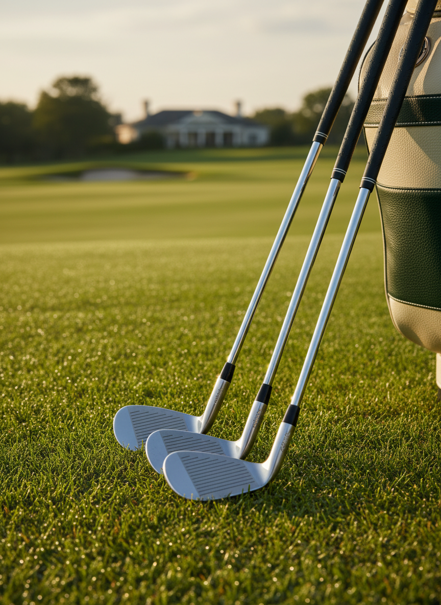 Close-up of golf wedges on green grass in warm light