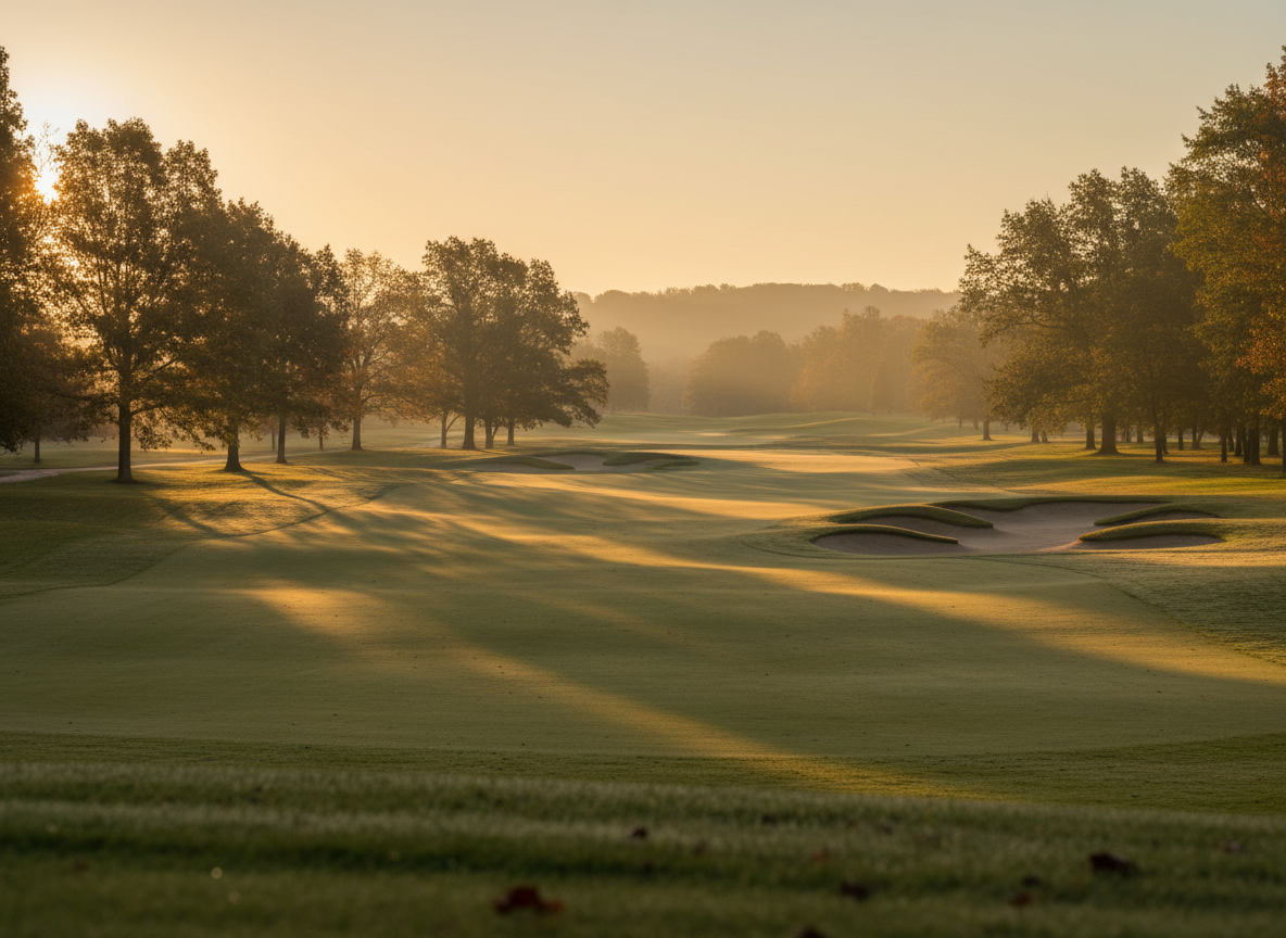 A warm, atmospheric golf course at golden hour, soft morning light casting long shadows across a manicured green fairway lined with mature trees.